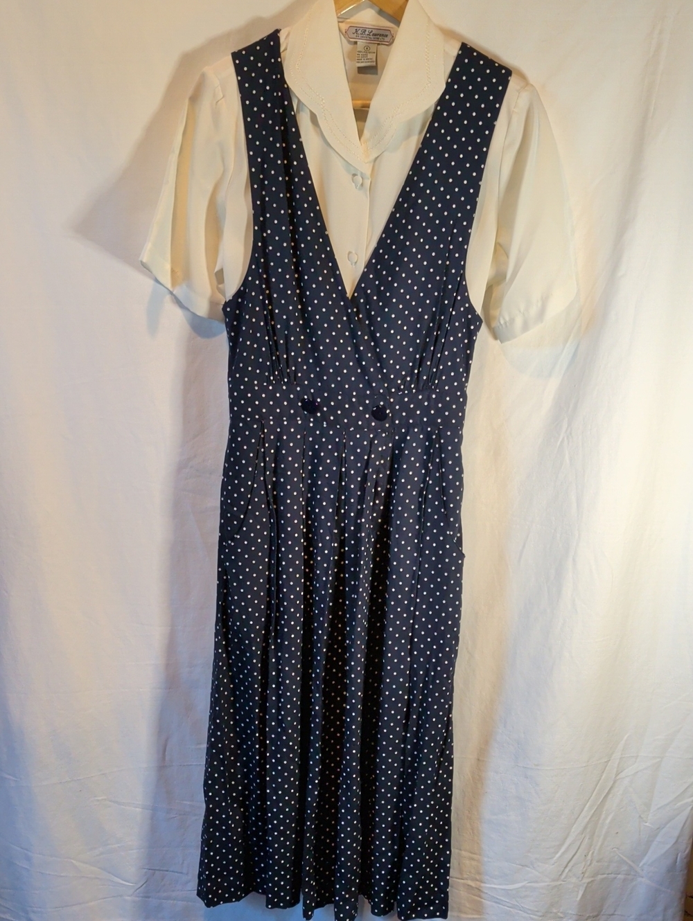 2 Piece Set Navy Polka Dot Sleeveless Dress and Vintage Cream Blouse